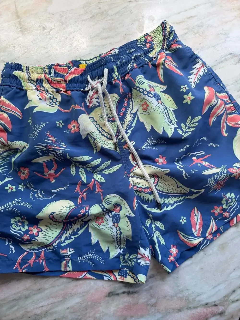 Polo Ralph Lauren Tropical Hawaiian Print Swim Trunks with Hula Girl and Surfer